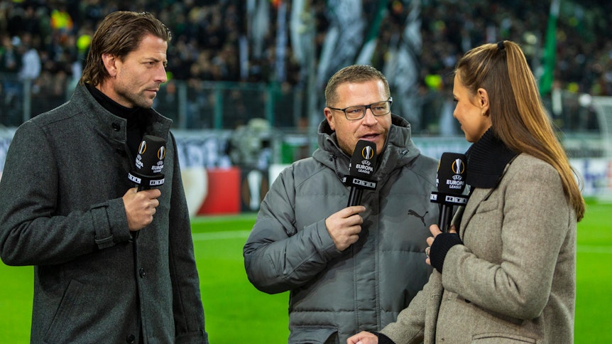Max Eberl im Gespräch mit RTL-Moderatorin Laura Wontorra. Der Sender zeigt Borussia Mönchengladbach gegen Istanbul Basaksehir live im Free-TV.