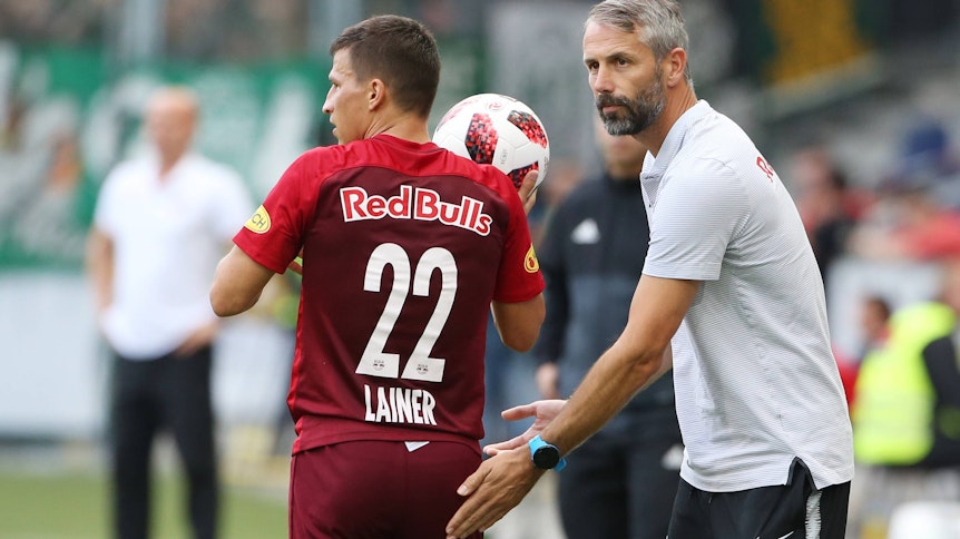 Marco Rose (r.) und Stefan Lainer (l.) spielten im September 2018 gemeinsam mit Salzburg gegen Rapid Wien.