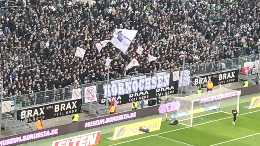 Dieses Banner hing während des Dortmund-Spiels am Zaun der Nordkurve im Borussia-Park.