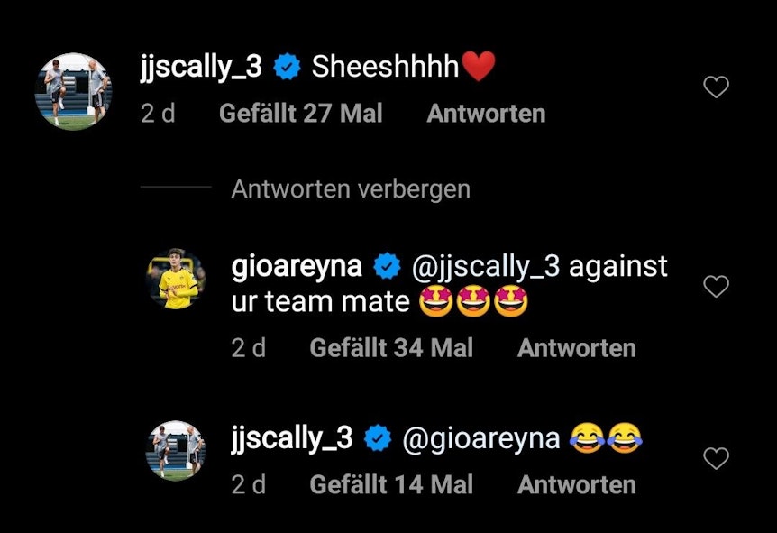 Screenshot des Instagram-Kommentars von Joe Scally unter dem Foto von Dortmunds Giovanni Reyna.