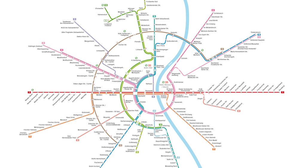 Der neu designte Liniennetzplan für die KVB zeigt die Darstellung der Kölner Ringe.