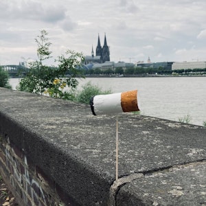 Eine überdimensionale Zigarettenkippe ist auf einer Mauer am Kölner Rheinufer befestigt, im Hintergrund der Dom.