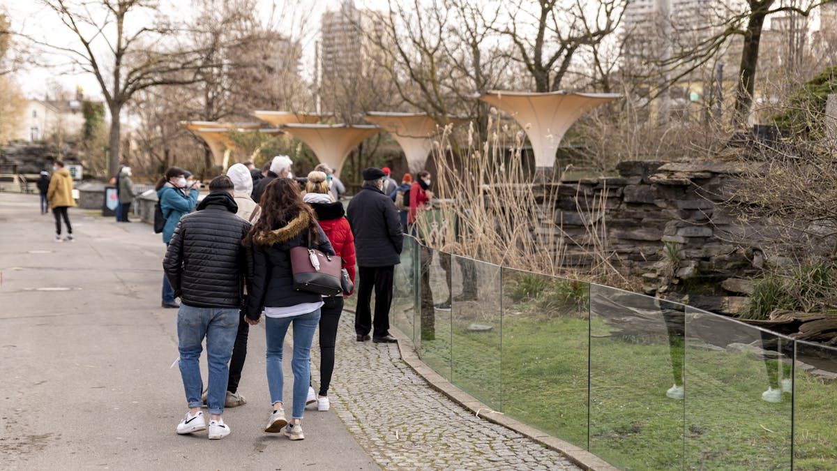 Menschen spazieren durch den Kölner Zoo.