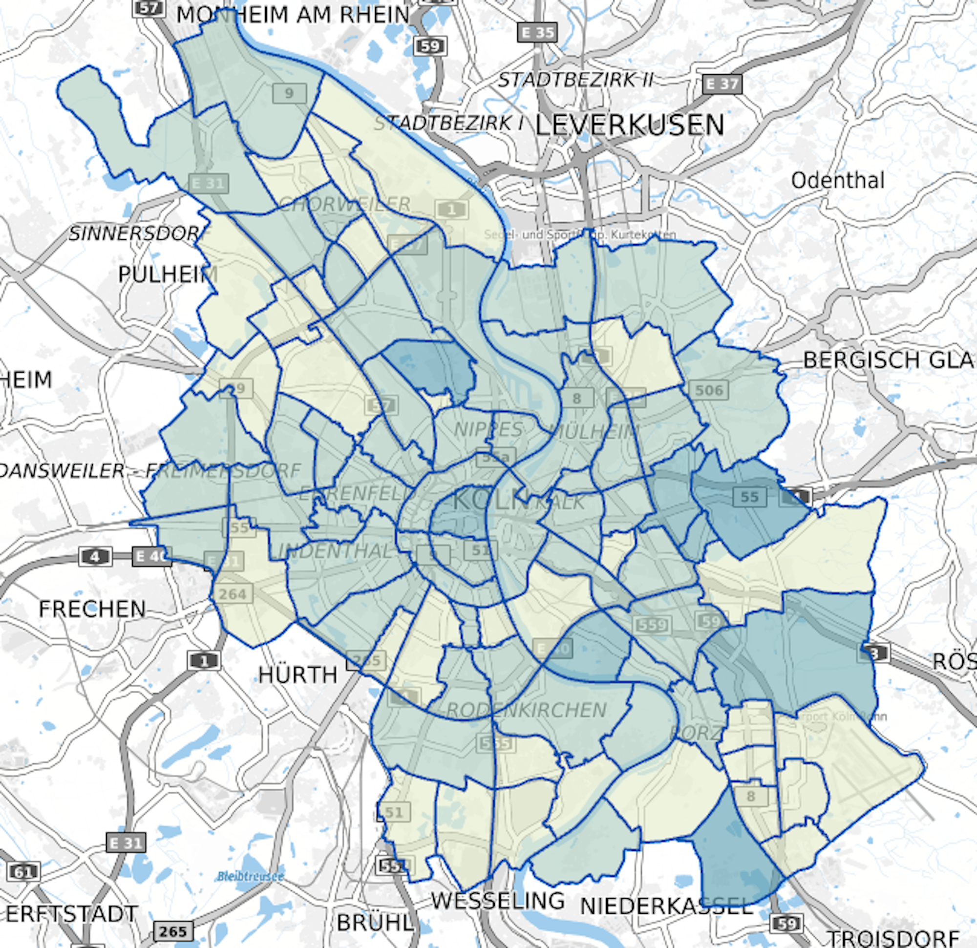 Die Corona-Karte der Stadt Köln zeigt die Entwicklung der Inzidenzwerte in den einzelnen Stadtteilen.