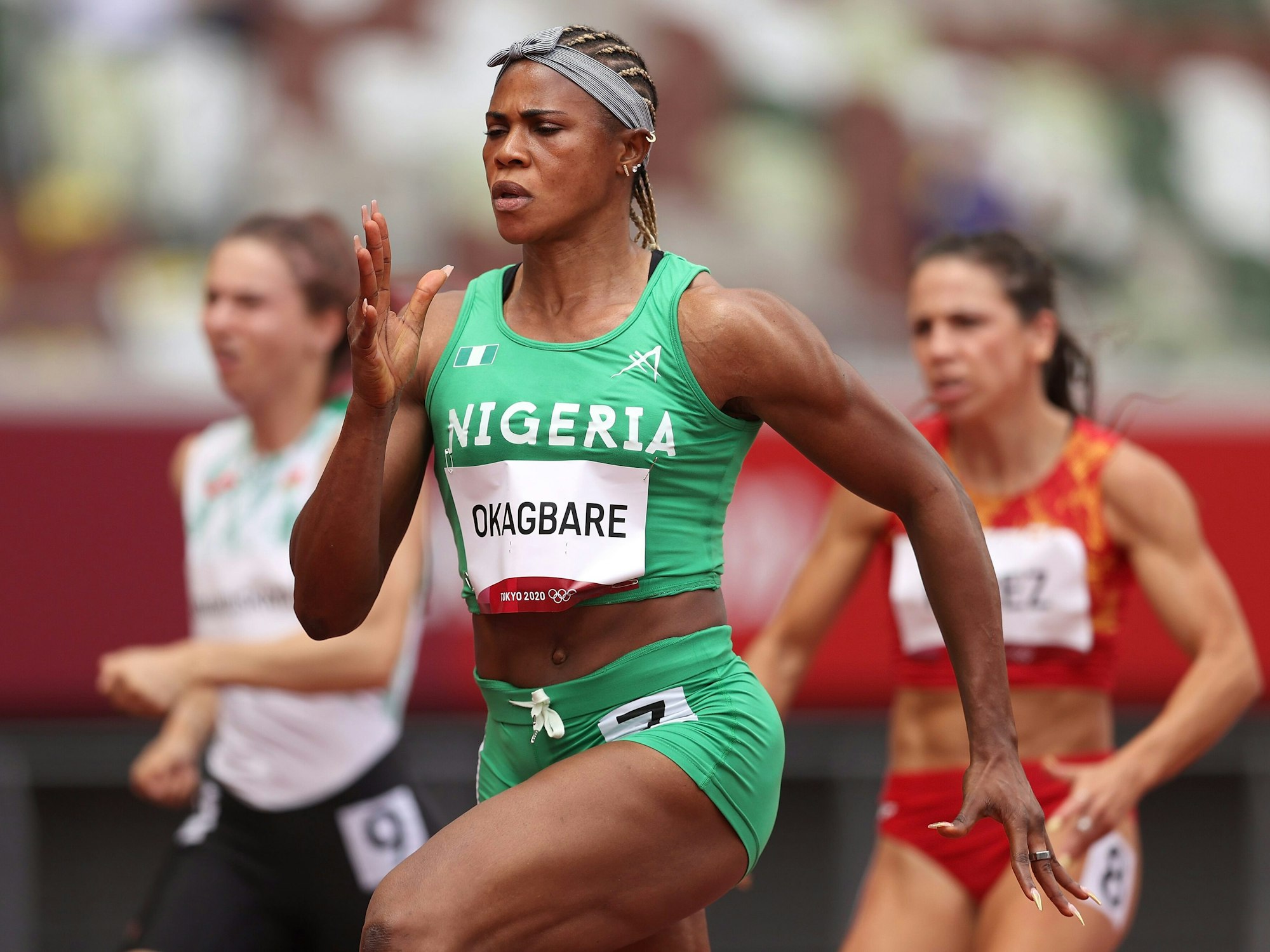 Blessing Okagbare (Nigeria) competes during round one of the Women's 100m heats on day seven of the Tokyo 2020 Olympic Games at Olympic Stadium on July 30, 2021 in Tokyo, Japan. (Photo by Patrick Smith/Getty Images)