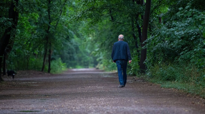 Ein Mann beim Spaziergang durch ein Kölner Waldgebiet.