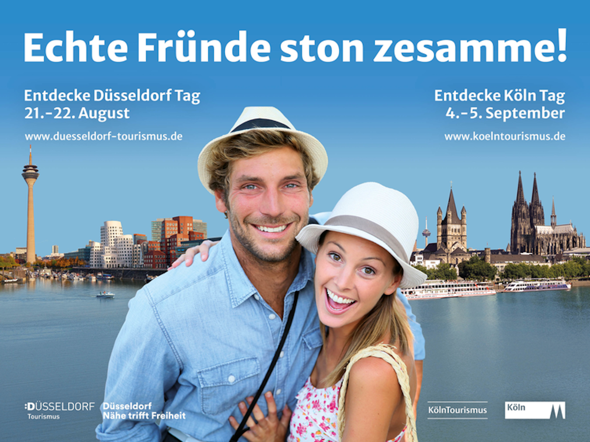 Köln und Düsseldorf machen gemeinsam Werbung mit einem Pärchen vor den Stadt-Panoramen für Tourismus in den Städten.