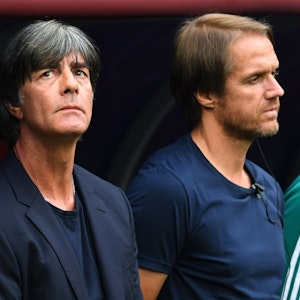 DFB-Trainer Joachim Löw (l) und Assistenztrainer Thomas Schneider, vor dem WM-Vorrundenspiel gegen Mexiko.
