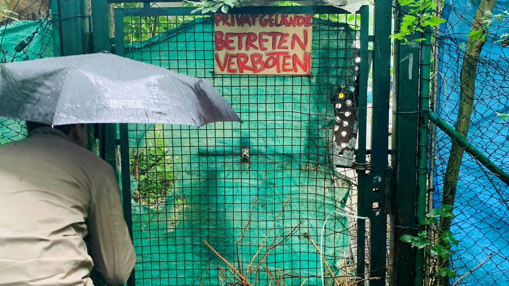 Ein Anwohner in Köln-Poll schaut durch einen Schlitz im Zaun. 