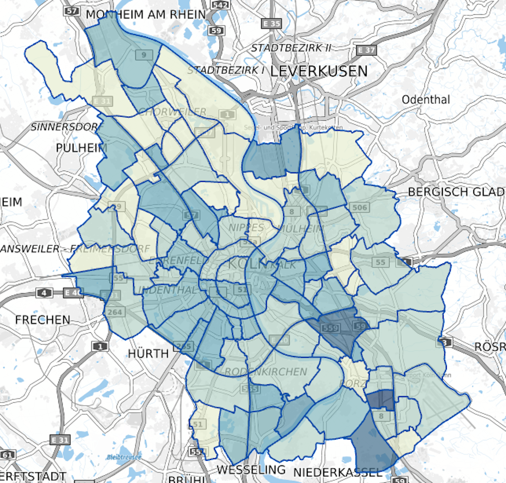 Corona-Karte für Köln mit den Inzidenzwerten der Stadtviertel vom 05.08.2021