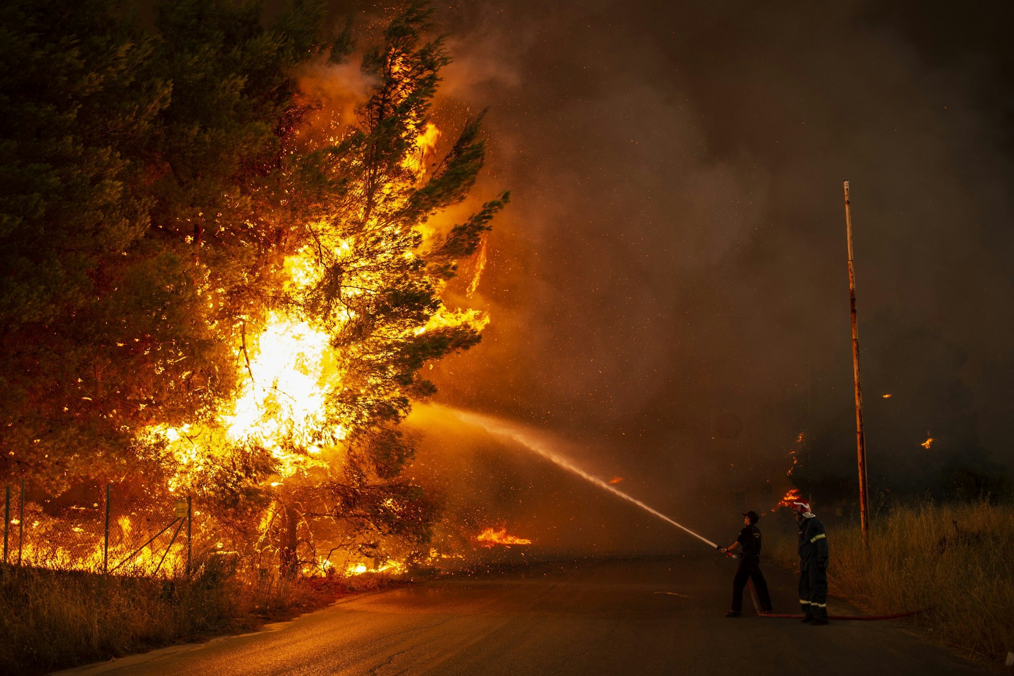 Feuerwehrleute bekämpfen am 05.08.2021 einen Waldbrand in einem Waldgebiet nördlich von Athen.