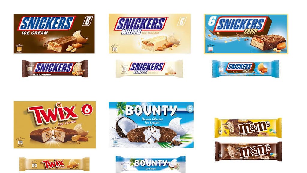 Das Foto zeigt die betroffenen Eiscreme-Produkte der Marken Snickers, Bounty, Twix und M&amp;M'S.