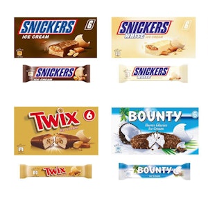 Das Foto zeigt die betroffenen Eiscreme-Produkte der Marken Snickers, Bounty, Twix und M&M'S.