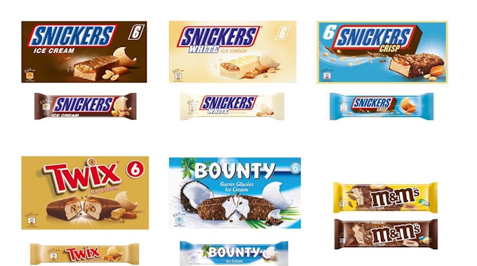 Das Foto zeigt die betroffenen Eiscreme-Produkte der Marken Snickers, Bounty, Twix und M&M'S.