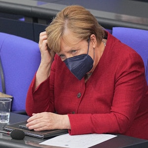 Bundeskanzlerin Angela Merkel am 25. August 2021 bei der Sondersitzung des Bundestags nach ihrer Regierungserklärung zur Lage in Afghanistan.