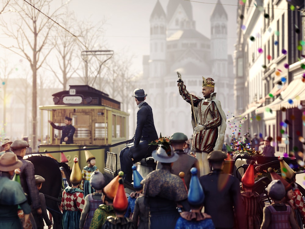 Menschen feiern Karneval in einem VR-Film und werfen Konfetti.
