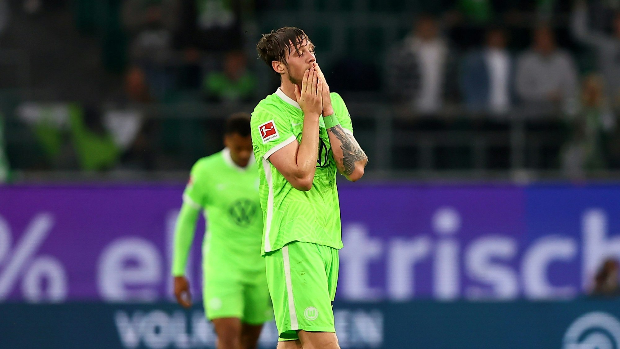 Wout Weghorst hält im Bundesliga-Spiel des VfL Wolfsburg die Hände vors Gesicht.