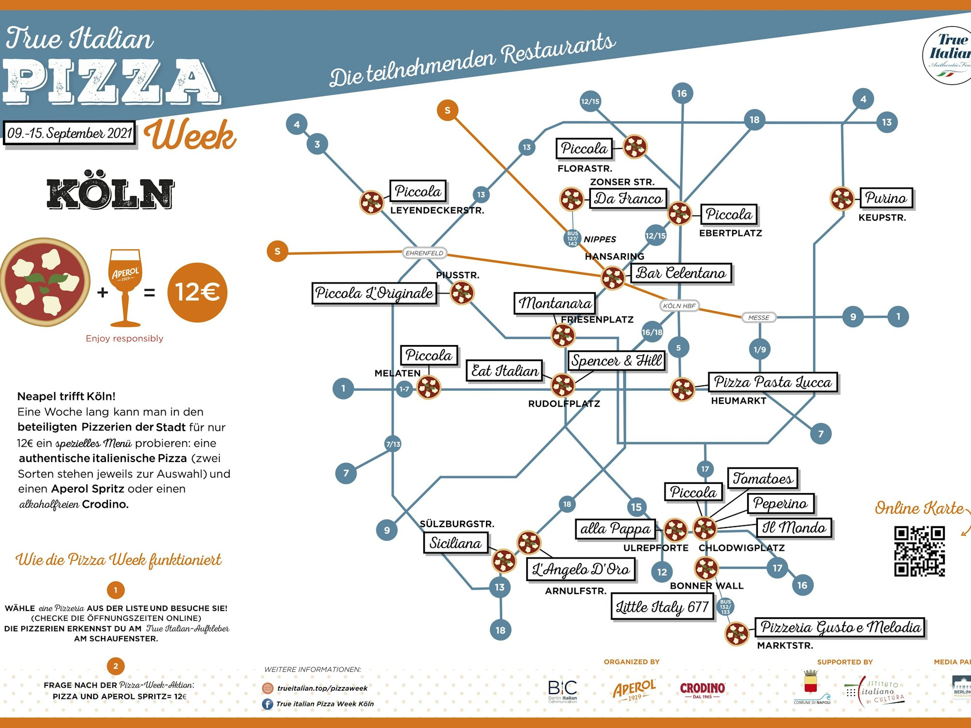 KVB-Fahrplan mit den einzelnen Lokalen, die in Köln beim Pizza-Festival mitmachen. 