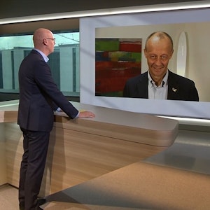 Friedrich Merz (CDU, r.), im Interview mit ARD-Moderator Matthias Deiß: Bei der Frage nach den Mitgliedern kam der Politiker schnell ins Straucheln.