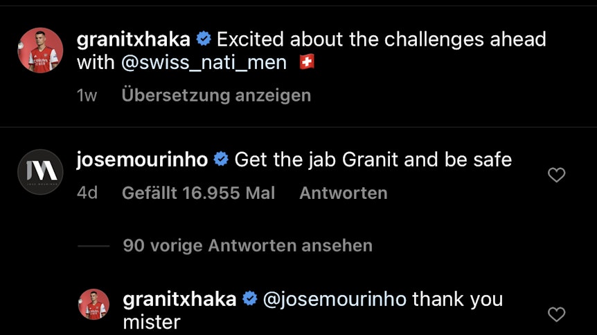 Trainer José Mourinho (AS Rom) hat dem Fußball-Profi und ehemaligen Gladbach-Spieler Granit Xhaka (Arsenal London) einen Kommentar auf Instagram geschrieben. Mourinho gibt Xhaka den Rat, sich gegen das Coronavirus impfen zu lassen.
