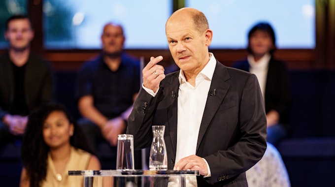 SPD-Kanzlerkandidat Olaf Scholz am Dienstagabend (7. September) in der ARD-Wahlarena.