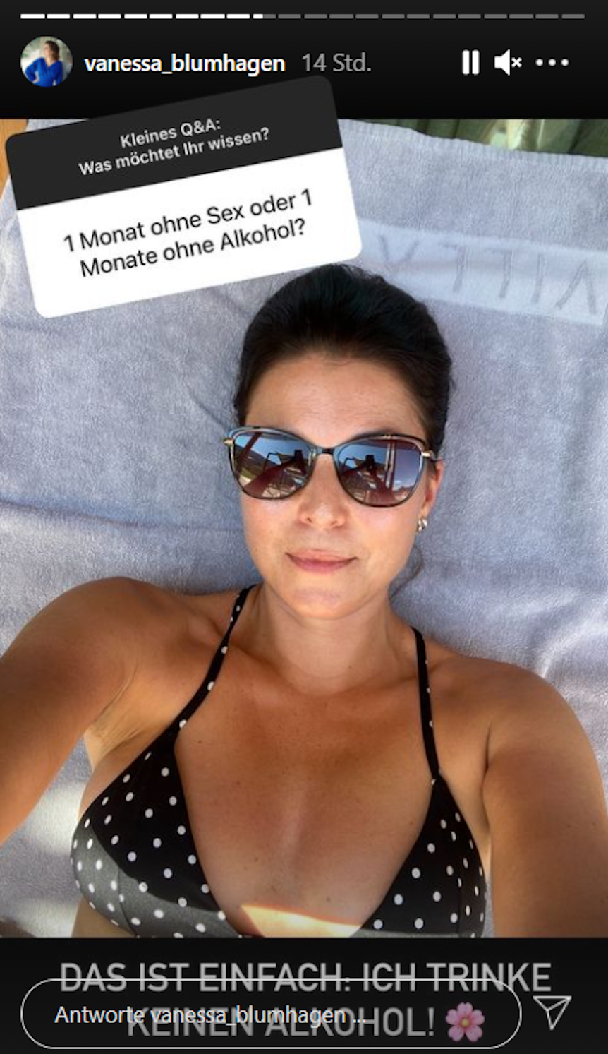 Vanessa Blumhagen auf einem Bikini-Foto in ihrer Instagram-Story. Die Sat.1 Moderatorin stellt sich den Fragen ihrer Fans.