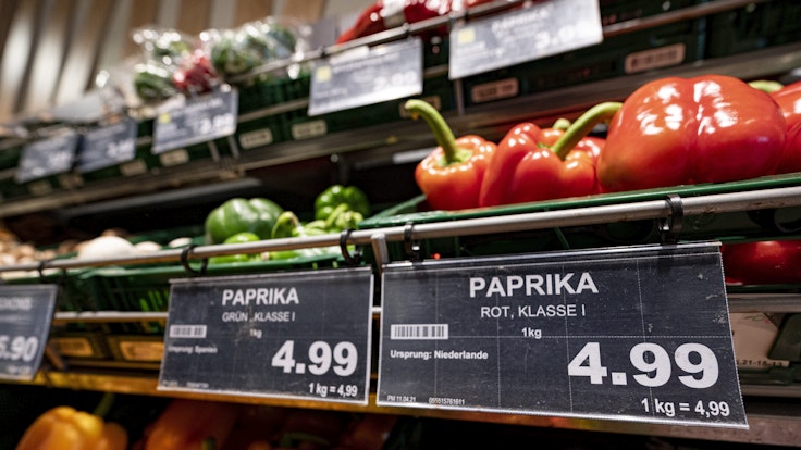 Obst und Gemüse im Supermarkt probieren ist nicht erlaubt. Preisschilder von Paprikas hängen an der Gemüsetheke in einem Supermarkt.