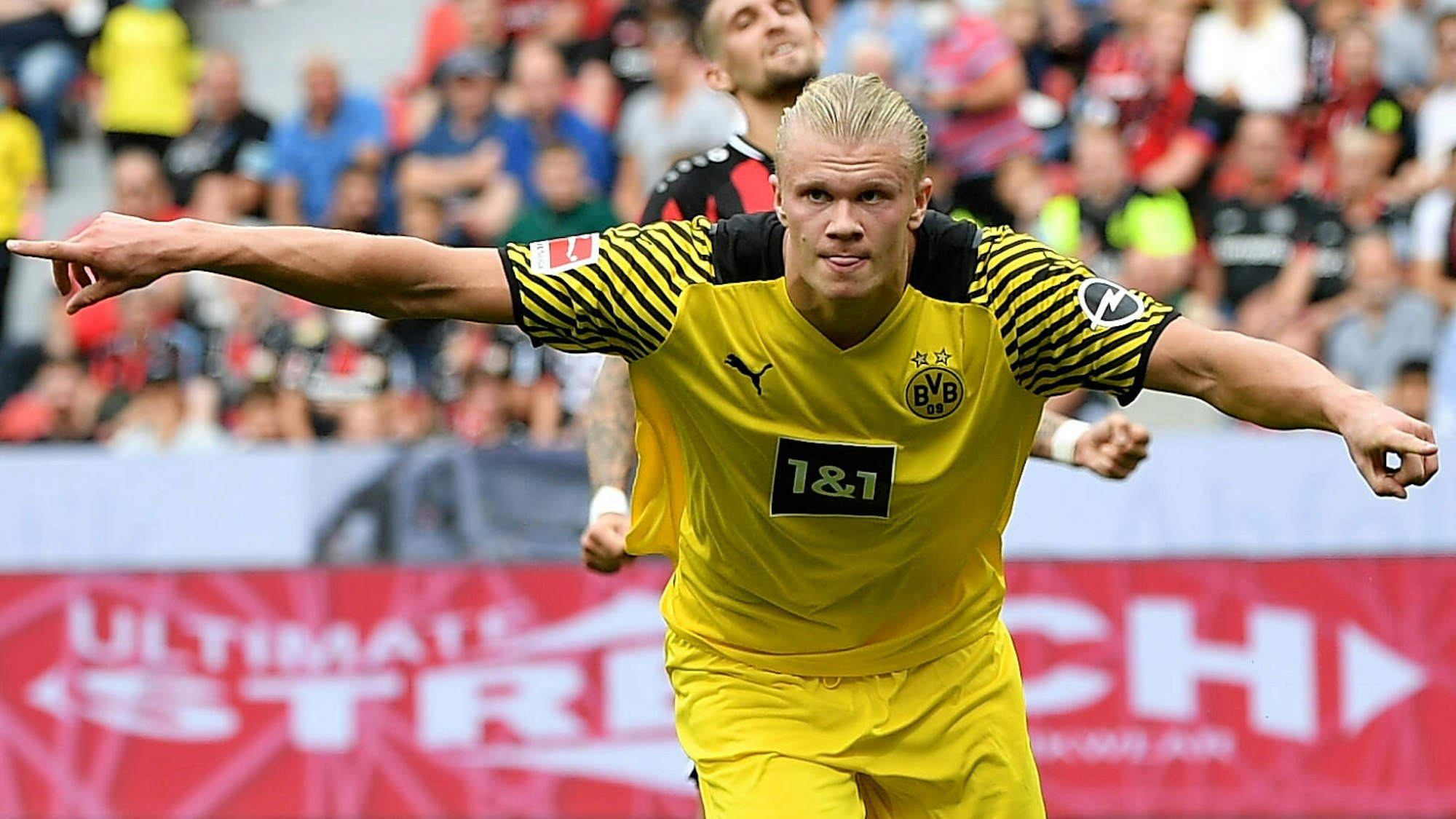 Erling Haaland jubelt über sein Tor gegen Bayer Leverkusen