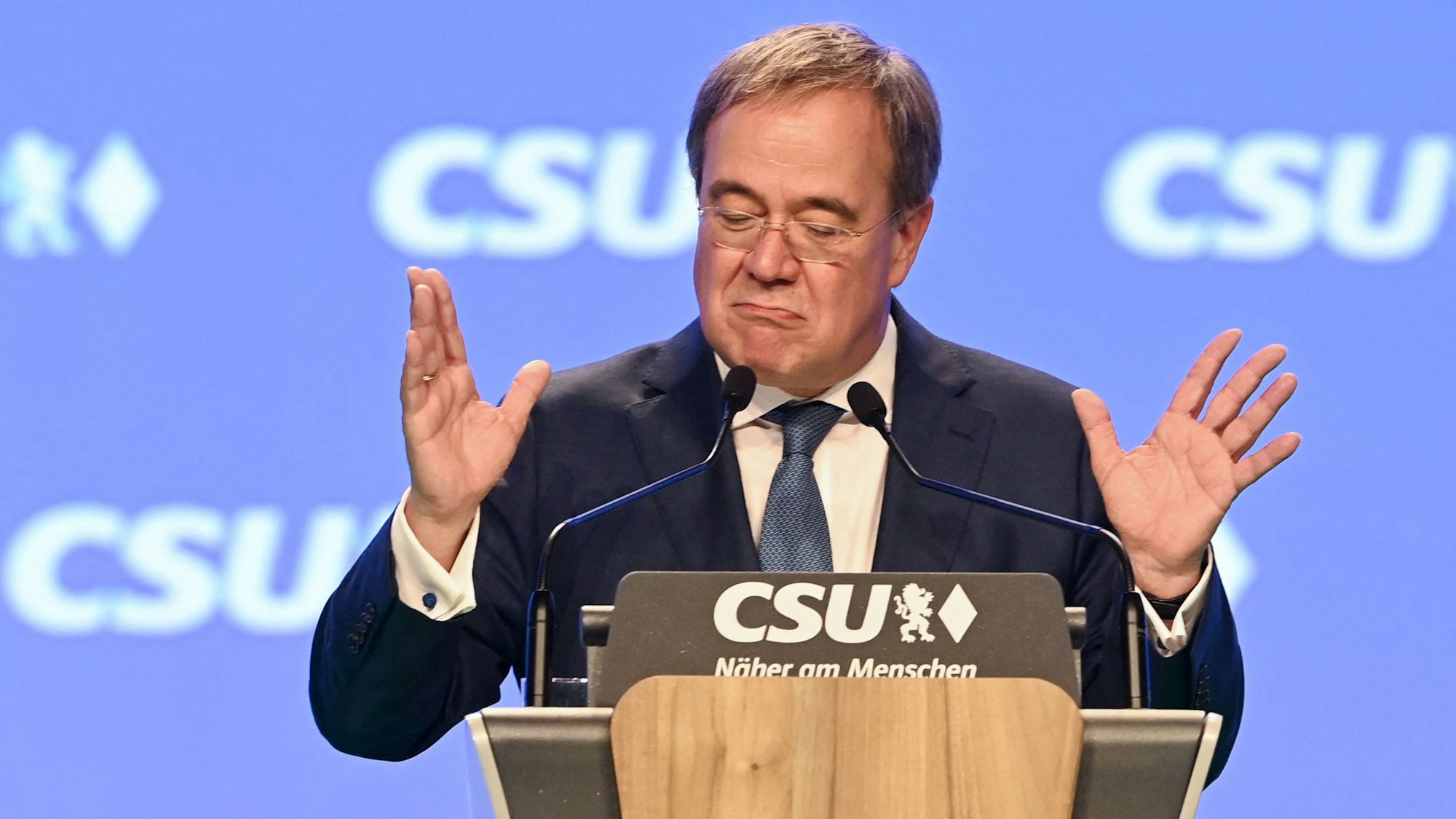 Armin Laschet, Unions-Kanzlerkandidat und CDU-Vorsitzender, spricht beim Parteitag der CSU am 12. September.