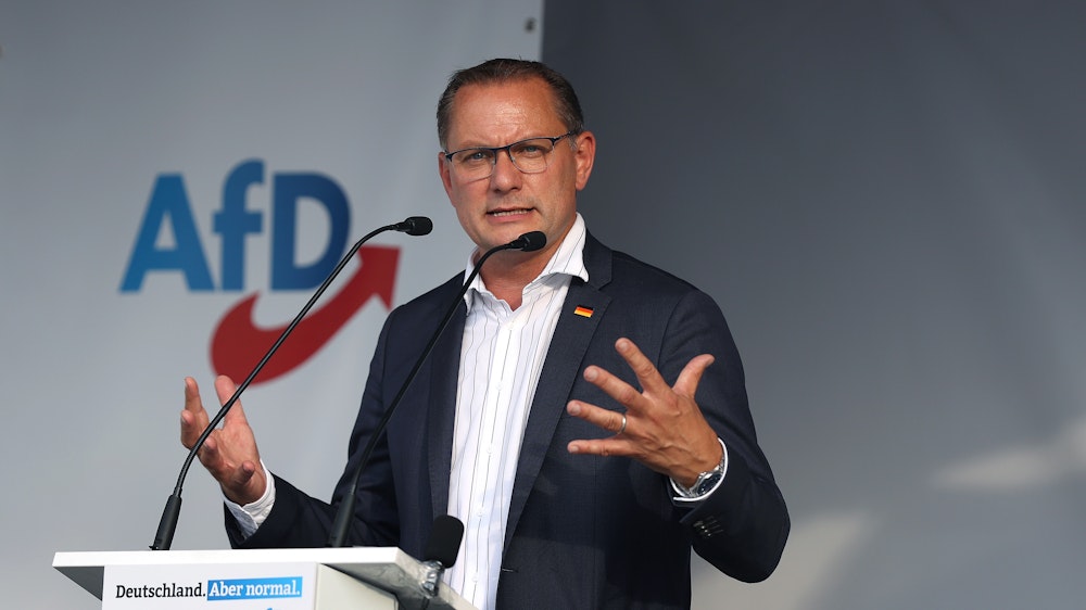 AfD-Spitzenkandidat Tino Chrupalla auf Wahlkampftour am 13.08.2021 in Stendal.