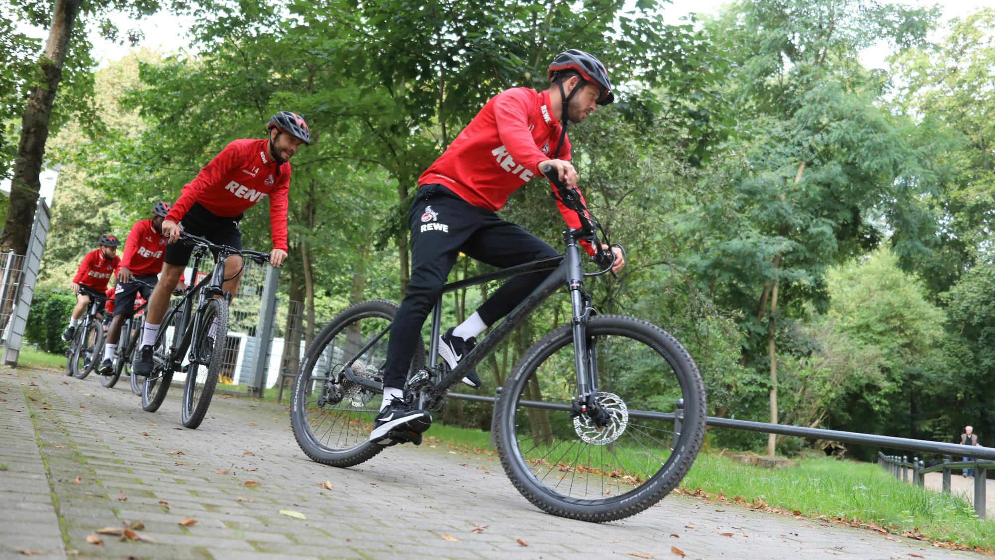 Die Spieler des 1. FC Köln fahren Fahrrad.