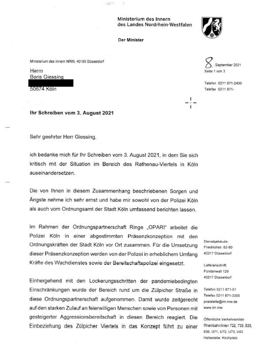 Auszug aus einem Brief von NRW-Innenminister Herbert Reul