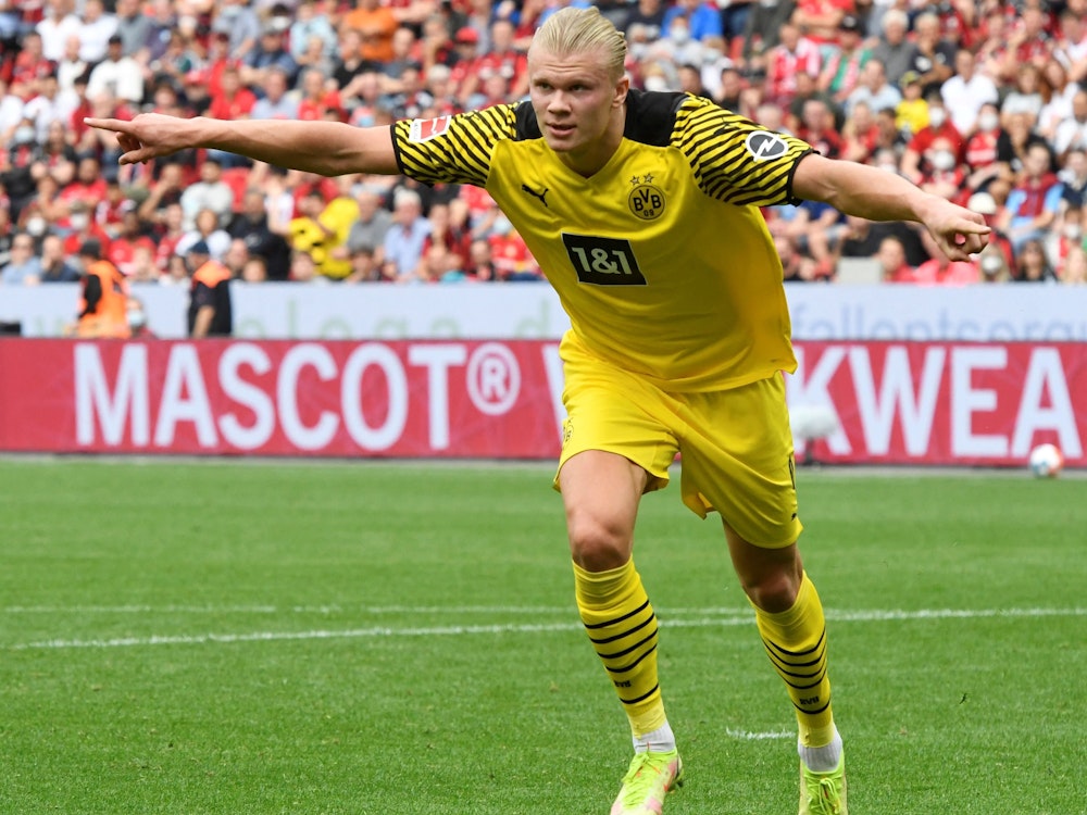 Erling Haaland jubelt für Borussia Dortmund bei Bayer Leverkusen.