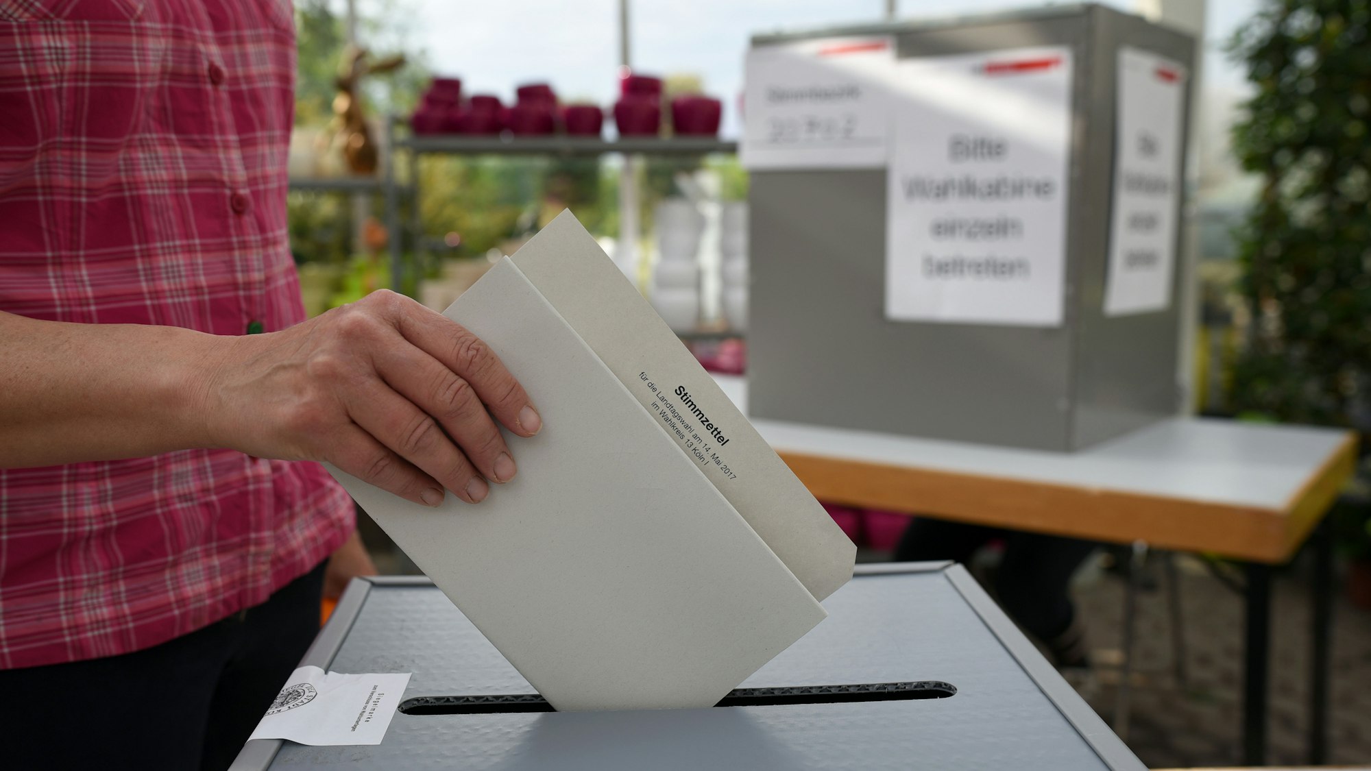 Eine Wählerin wirft in einem Wahllokal in einer Gärtnerei in Köln ihren Stimmzettel zur Landtagswahl in NRW in die Wahlurne.