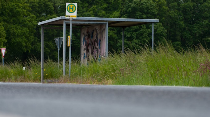 Eine zugewachsene Bushaltestelle, aufgenommen am 28. Mai 2015 in der Gemeinde Amt Neuhaus (Niedersachsen).