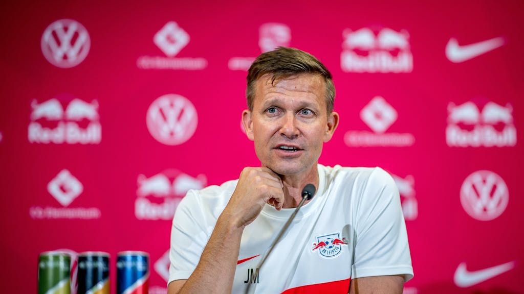 RB Leipzig-Coach Jesse Marsch bei der Pressekonferenz.