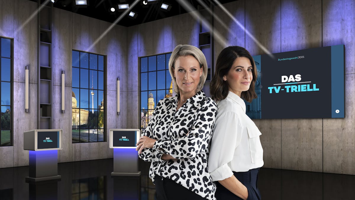 Das dritte und letzte TV-Triell wurde für die ProSieben-Gruppe von Linda Zervakis (r.) und Claudia von Brauchitsch moderiert. Letztere geriet in die Kritik, weil sie zuvor auch beim Parteisender CDU.tv arbeitete. 