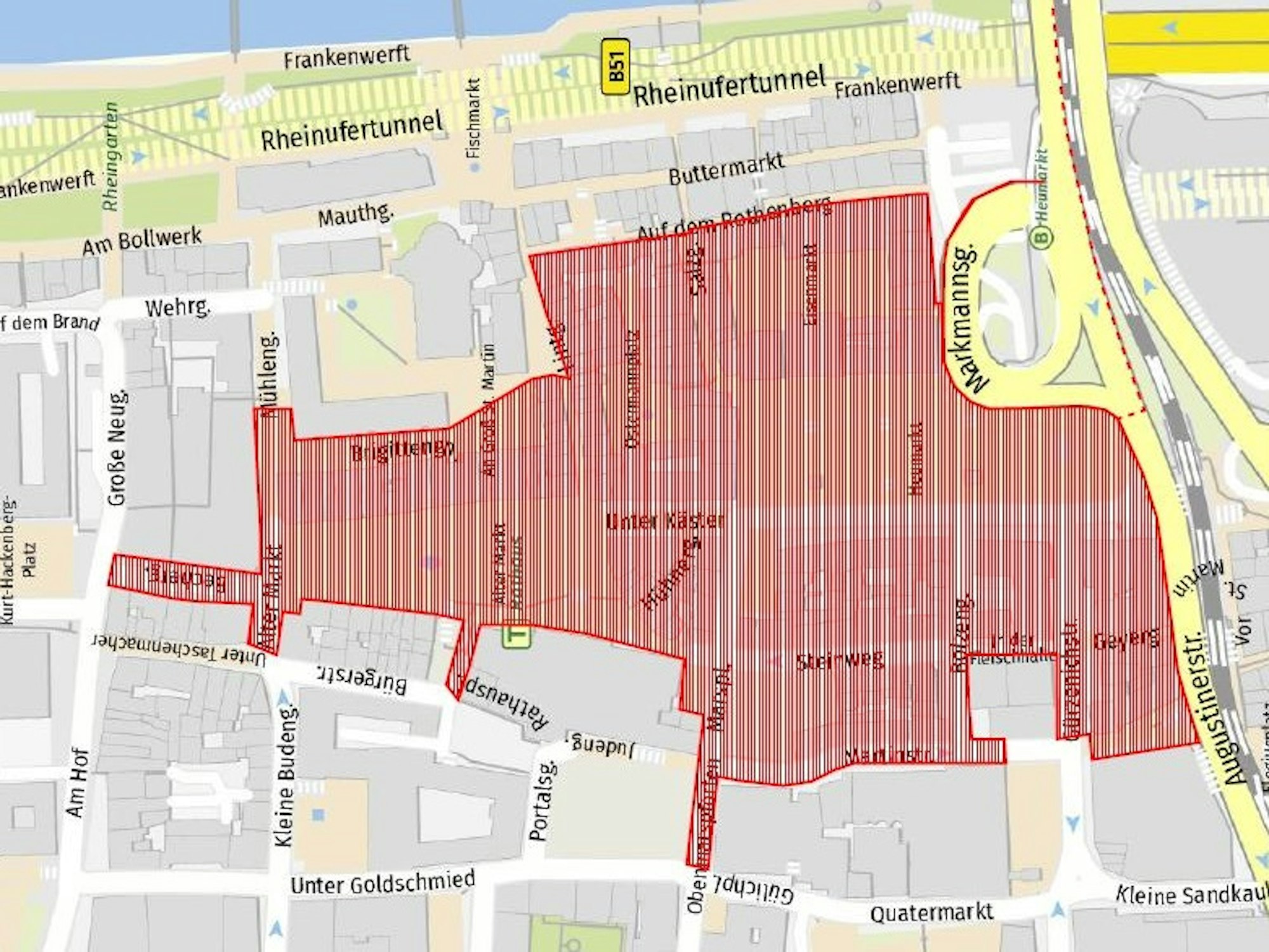 Auf einer Karte ist die Kölner Altstadt markiert.