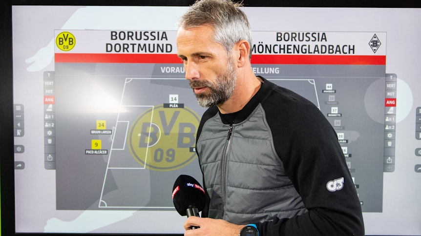 Gladbach-Trainer Marco Rose gibt am 19. Oktober 2019 im Dortmunder Stadion ein TV-Interview.