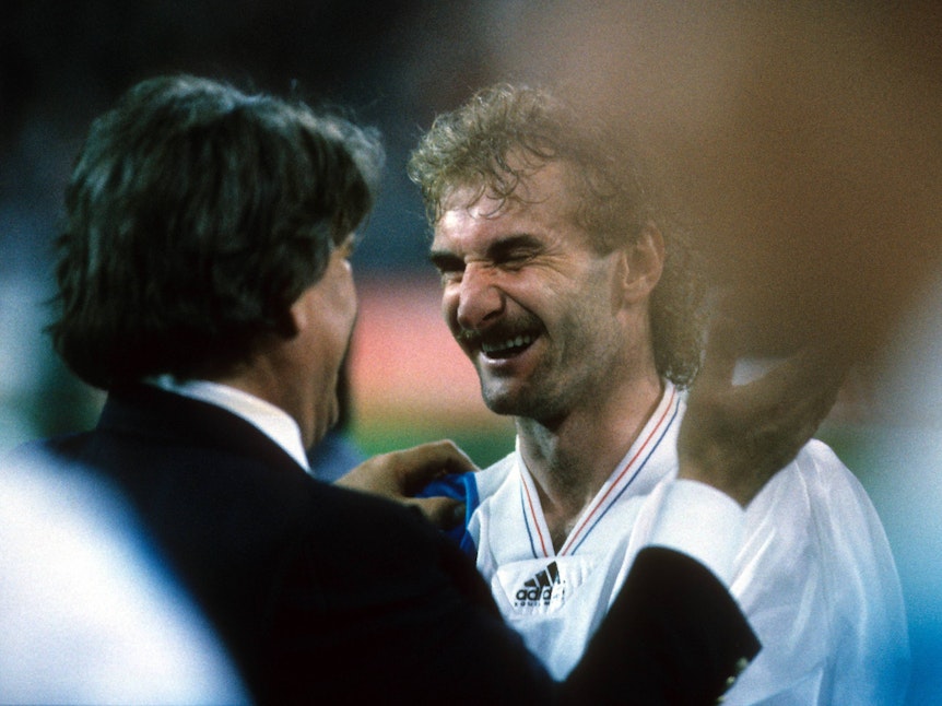Rudi Völler (re.) und Präsident Bernard Tapie (beide Olympique Marseille) - Champions League Sieger 1993.