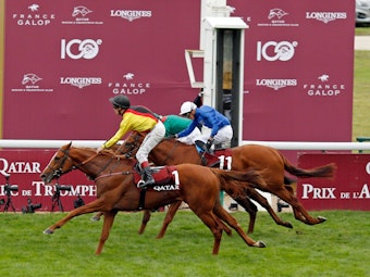Torquator Tasso und Jockey Rene Piechulek gehen als erste über die Ziellinie beim Prix de l'Arc de Triomphe in Longchamp. 