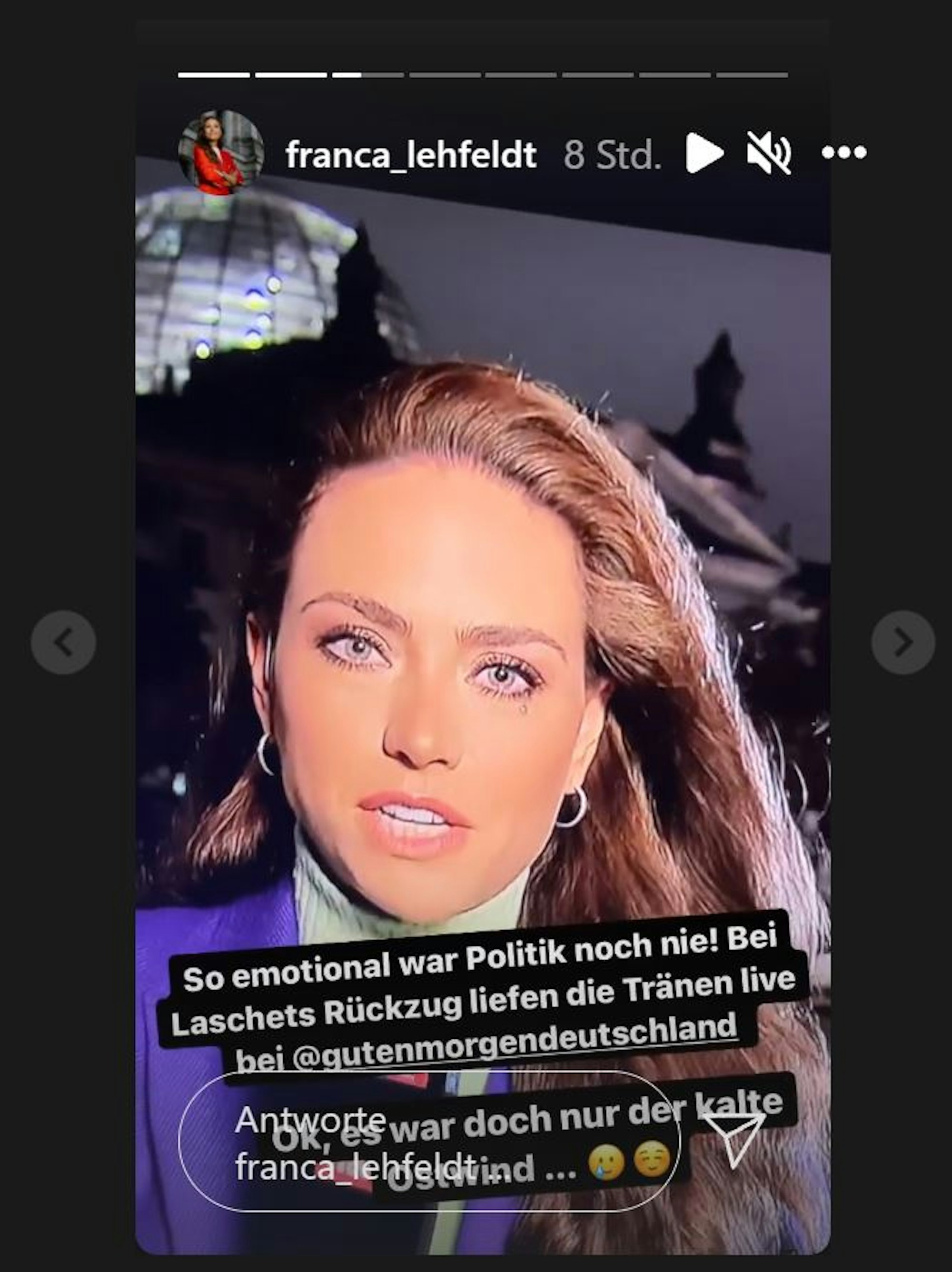 Ihren „Tränenausbruch“ vor laufender Kamera teilte Christian Lindners Freundin Franca Lehfeldt scherzhaft in einer Story bei Instagram.