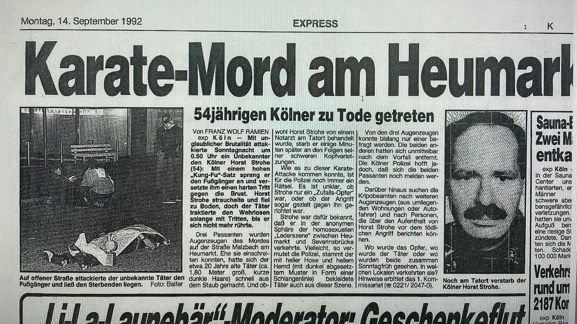 Ein Zeitungsausschnitt des Kölner EXPRESS vom  14. September 1992 über den getöteten Horst Strohe.