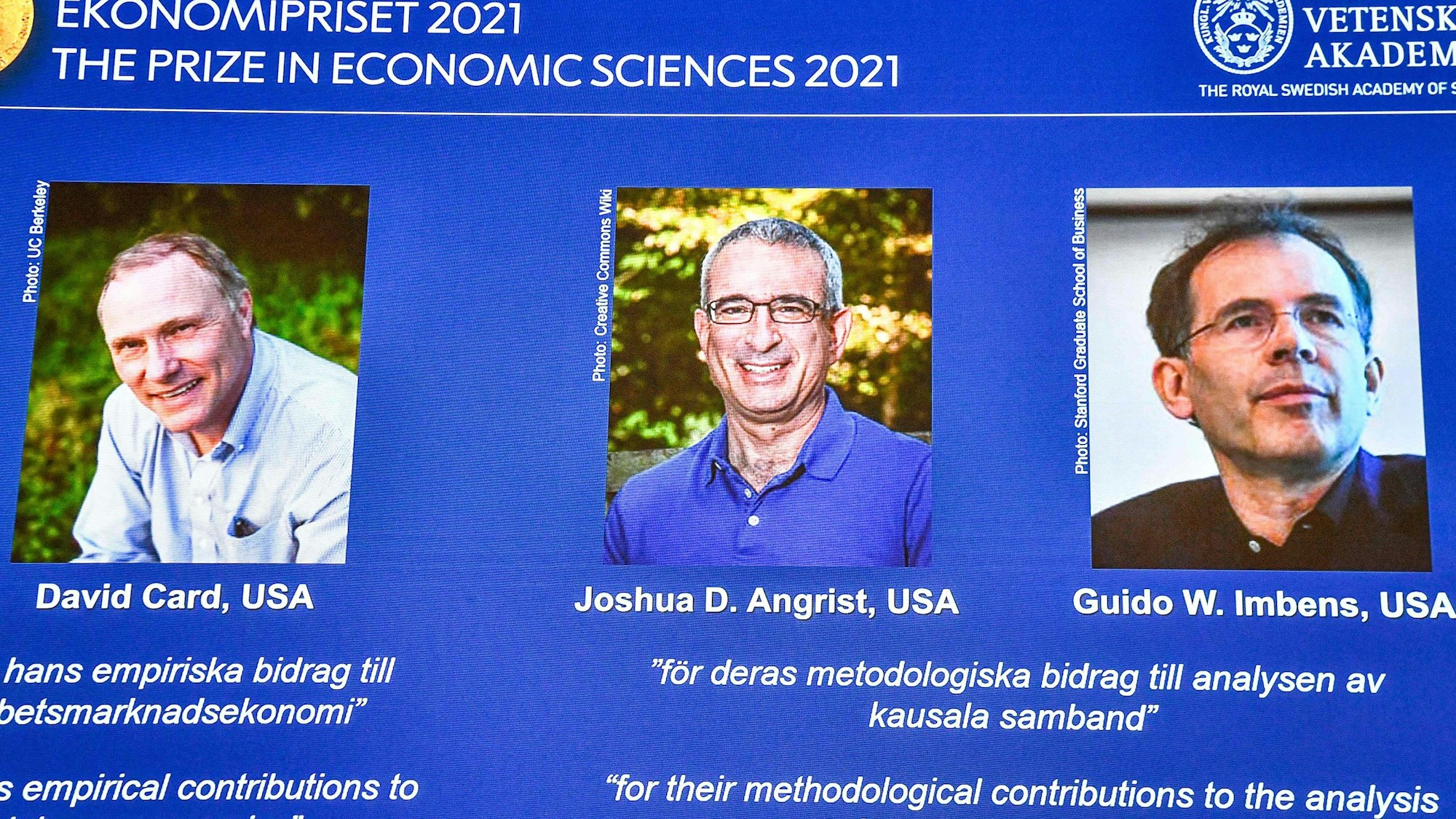 Der Nobelpreis für Wirtschaftswissenschaften geht in diesem Jahr an die Forscher David Card (li.), Joshua Angrist (Mitte) und Guido Imbens.