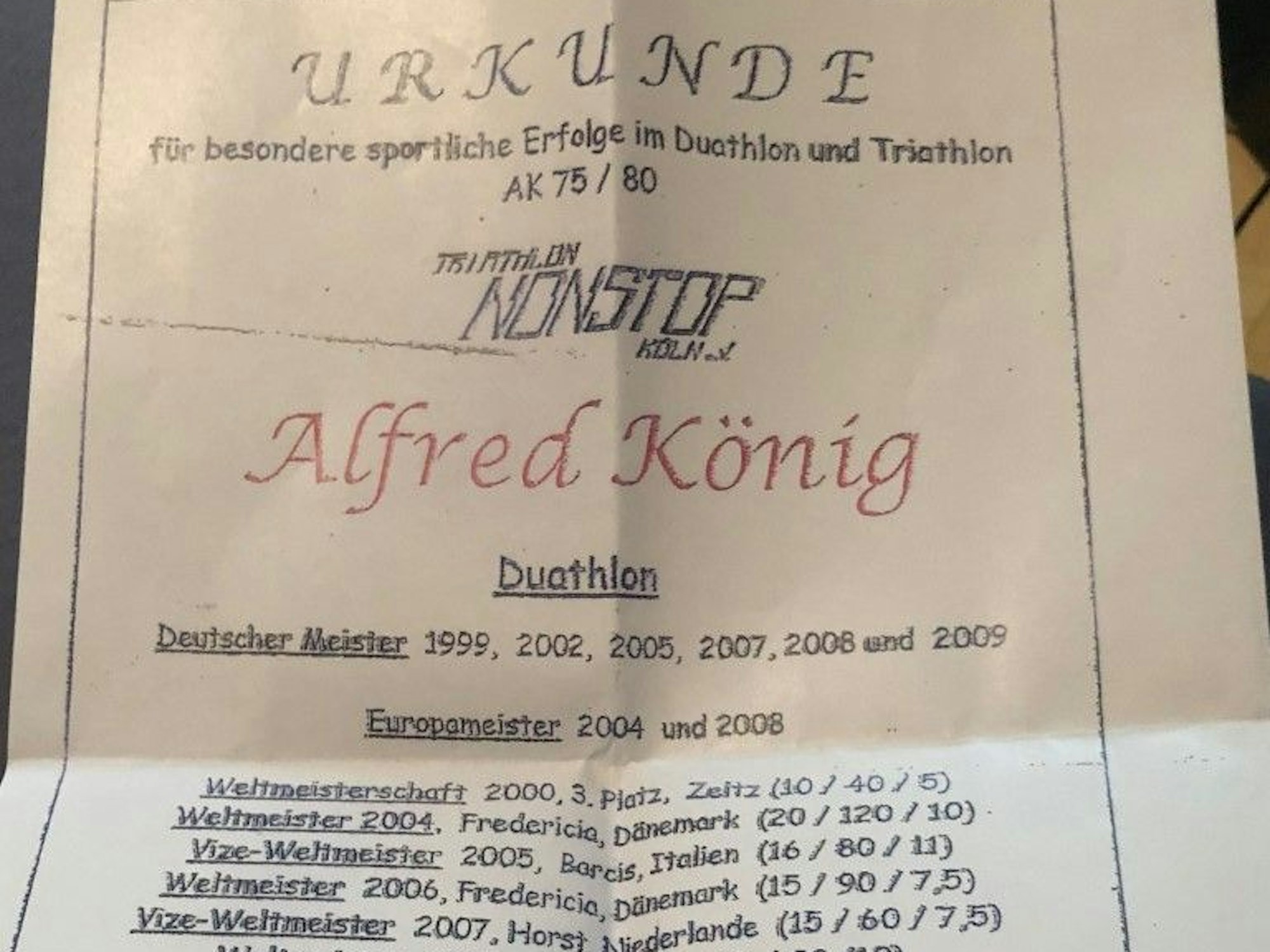 Urkunde mit den Erfolgen des Kölner Triathleten Alfred König.