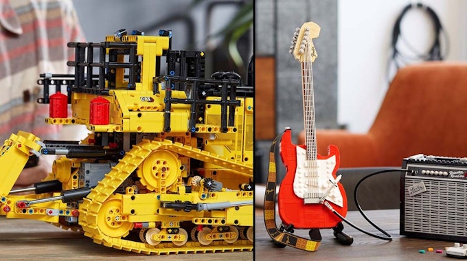 Lego Neuheiten Oktober 2021, Lego Technic Cat D11 Bulldozer und Lego Ideas Fender Stratocaster E-Gitarre.