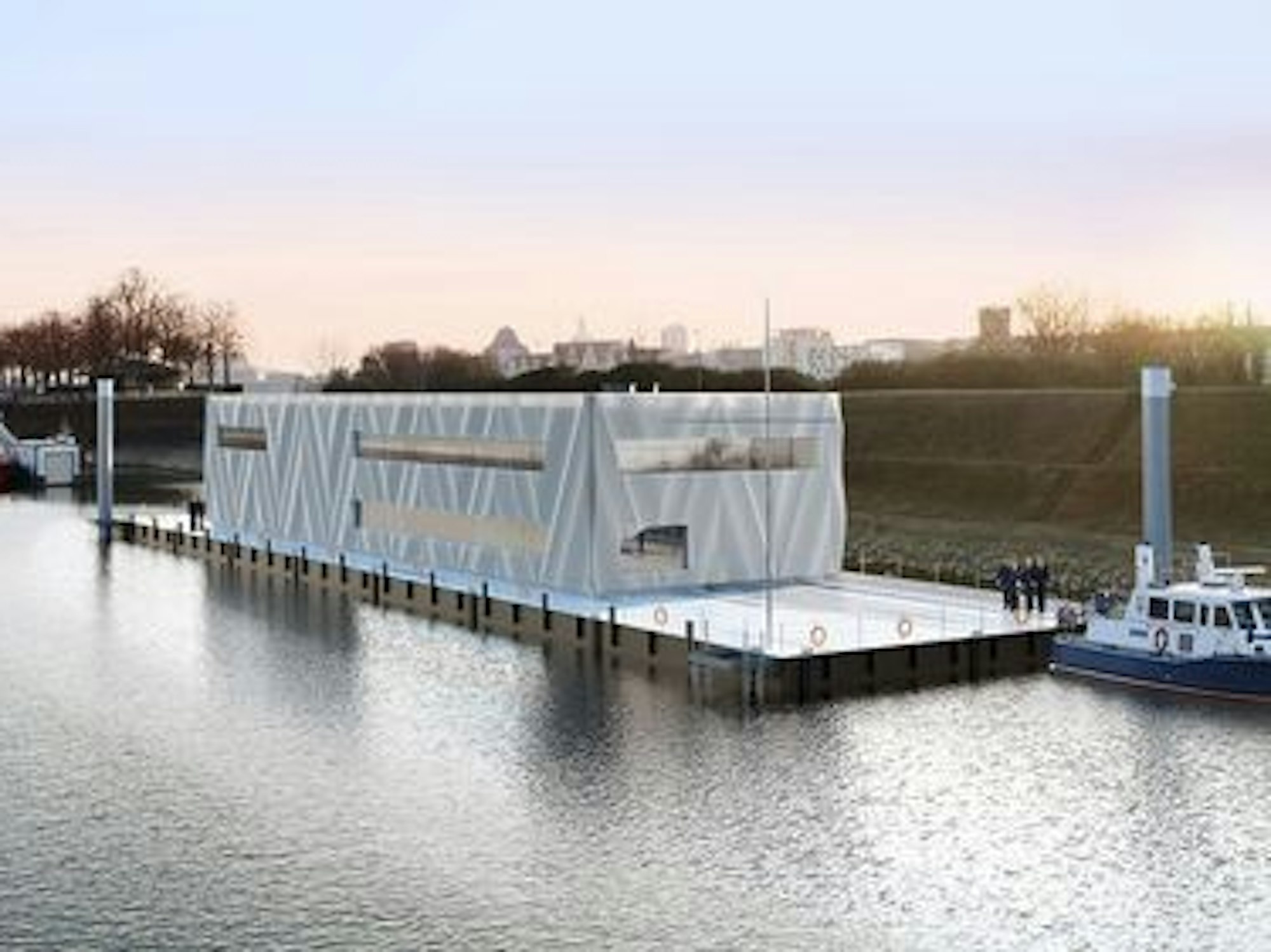 Entwurf der schwimmenden Polizeiwache im Köln-Deutzer Hafen.