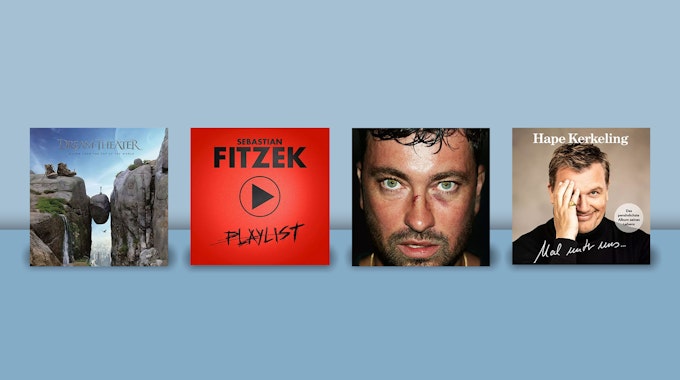 Musikalben und Hörbücher von Dream Theater, Sebastian Fitzek, Marteria und Hape Kerkeling. Bildcollage für Musikfreitag bei Media Markt.