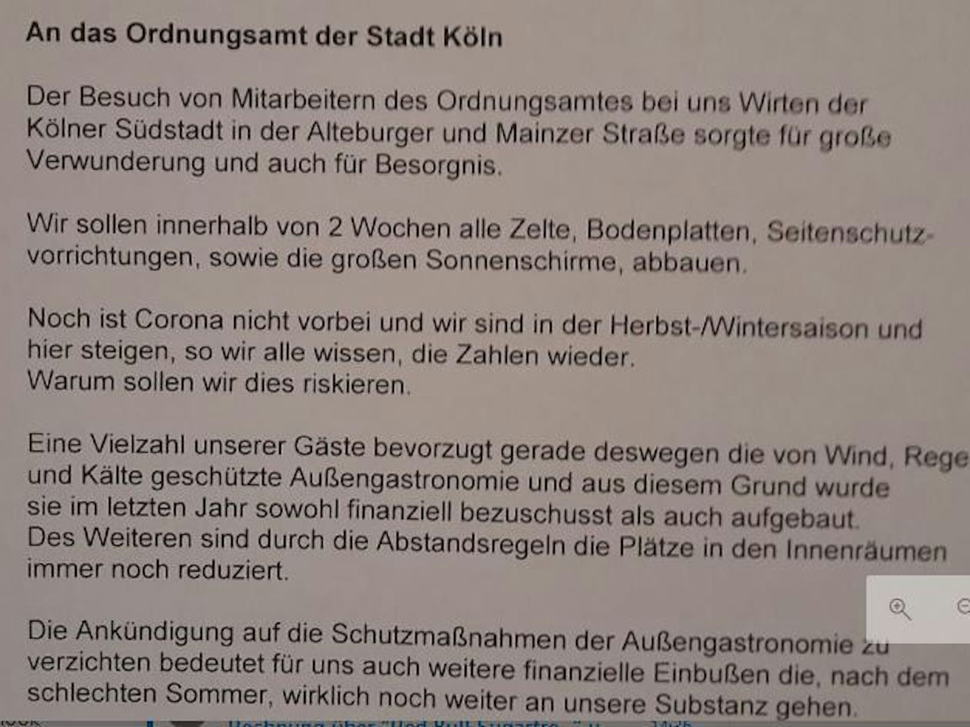 Gemeinsames Schreiben von Gastronomen aus der Kölner Südstadt an das Ordnungsamt.