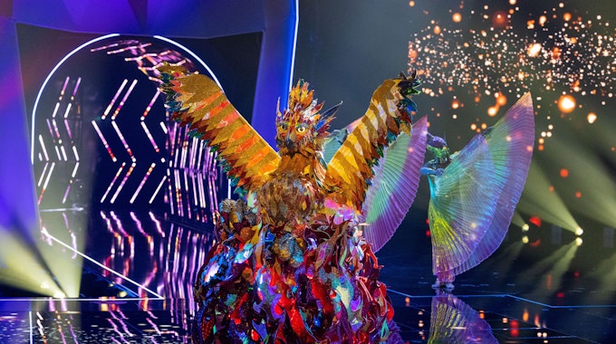 Der Phönix steht in der ProSieben-Show „The Masked Singer“ im Oktober 2021 auf der Bühne.